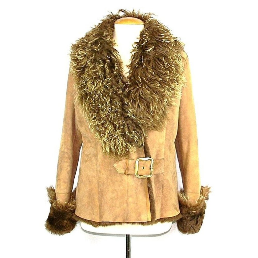 100% LEATHER SHEARLING COAT JACKET LARGE COLLAR NATURAL SIZE XL BRAND NEW 138